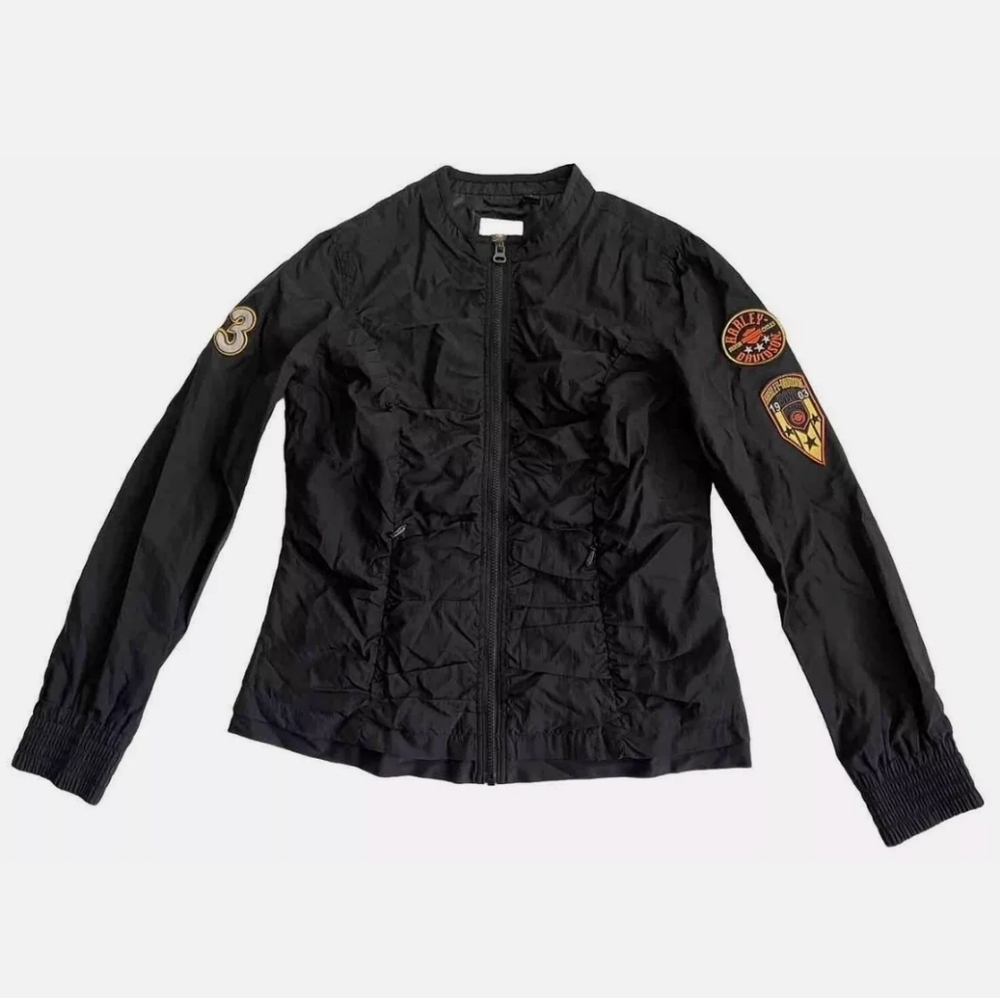 Women's Harley Davidson Epic Jacket Shirred Front Black LARGE Nylon Bomber Light